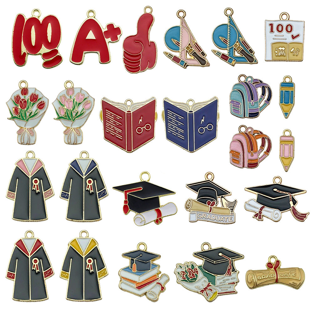 Enamel Zinc Alloy Graduation Cap Schoolbag Book Pen Charm Pendants for DIY Keychain Jewelry