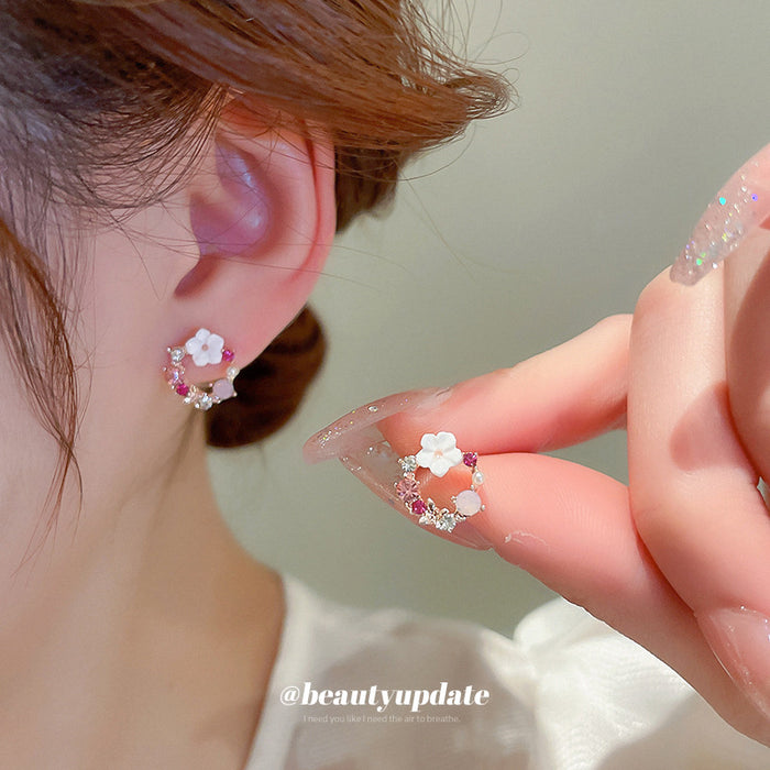 Gold Tone Pink Crystal Pearl Floral Wreath Stud Earrings
