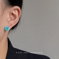 Silver Tone Heart Stud Earrings Teal Stone Crystal Halo view 4