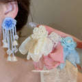 Fabric Flower Cascade Stud Earrings in Three Colors view 2