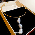 Gold Tone Collar Necklace with Faux Pearl Drop Trio view 4