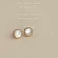 Gold Tone Beaded Square Frame White Pearlescent Stud Earrings view 4
