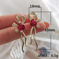 Gold Tone Red Heart Crystal Bow Long Stud Earrings view 5