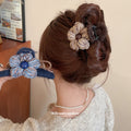 Blue And Brown Layered Yarn Flower Fuzzy Hair Claw Clip view 2