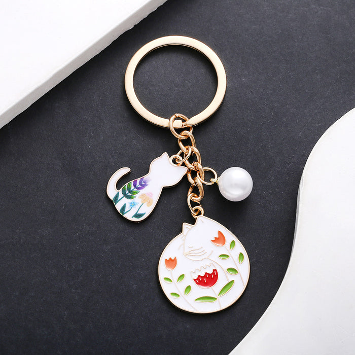 White Cat Flower and Pearl Enamel Charm Keychain with Round Ring