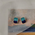 Gold Rim Rectangle Enamel Stud Earrings Blue Gradient Styles view 2