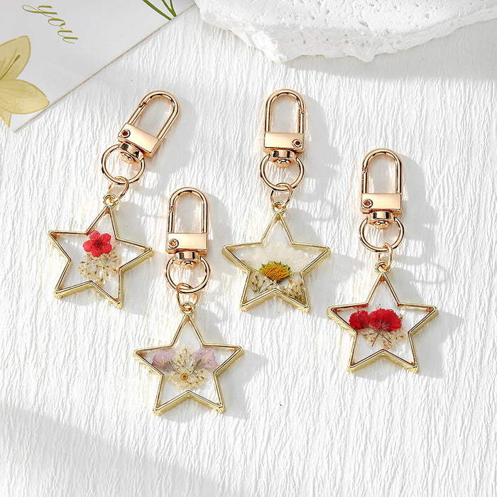 Gold Star Dried Flower Resin Keychains Four Floral Styles