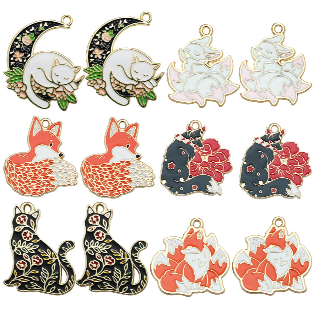 Zinc Alloy Rose Flower Cat Fox Charm Pendant for DIY Keychain Bracelet Earrings