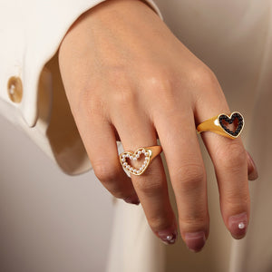 Gold Heart Open Ring White Or Black Imitation Pearl Border