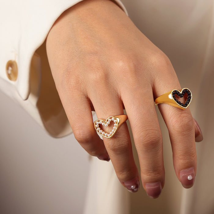 Gold Heart Open Ring White Or Black Imitation Pearl Border