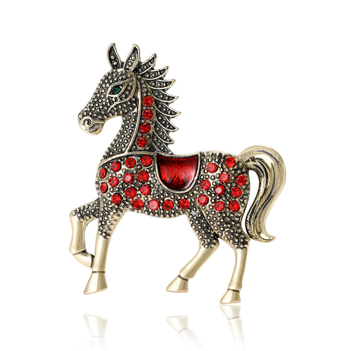 Running Horse Crystal Brooch in Red Gold and Blue Silver