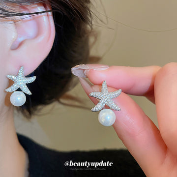 Silver Starfish and Pearl Stud Earrings with Crystal Texture