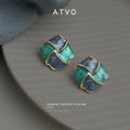 Green Gray Marbled Geometric Enamel Square Stud Earrings view 4