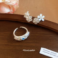 Silver Daisy Flower Stud Earrings and Open Ring Set view 3