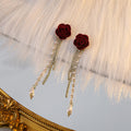 Red Velvet Rose Pearl Look Multichain Long Stud Earrings view 4
