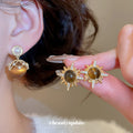 Brown Cabochon Starburst Stud Earrings With Pearl Accents view 1