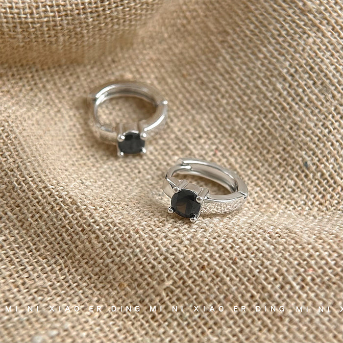 Silver Thin Huggie Hoop Black Crystal Solitaire Earrings