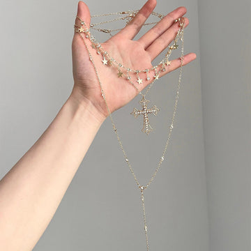 Rhinestone Cross Star Lariat Necklace Set Gold Silver