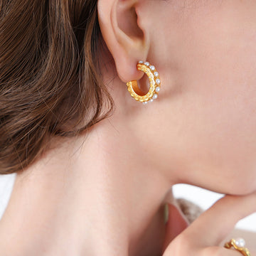 Faux Pearl Lined C Hoop Earrings Gold Steel Tone Pair