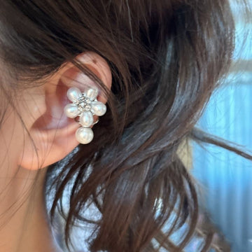 Silver Pearl Flower Ear Cuff With Crystal Petal Accents