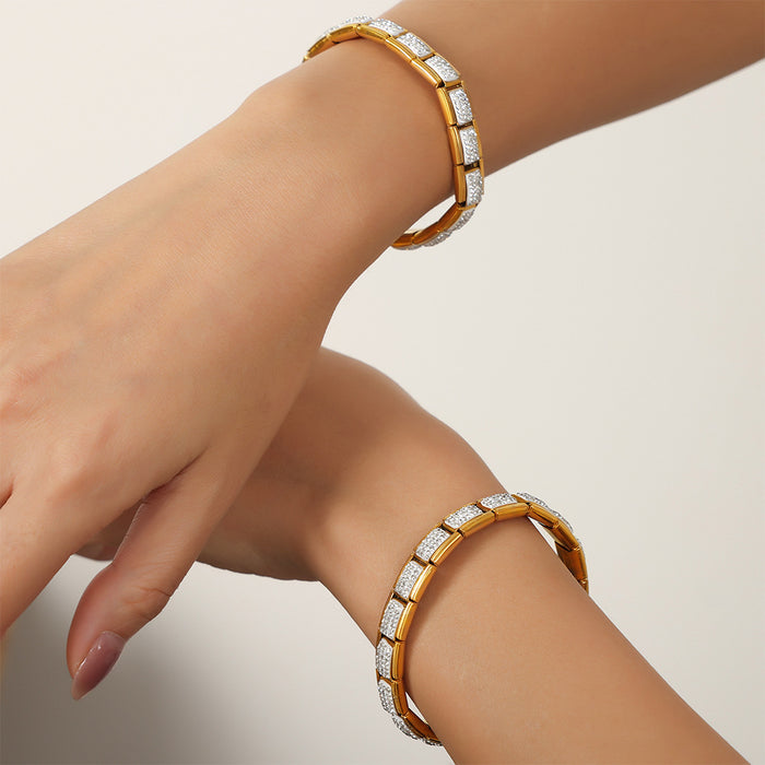 Stretch Square Link Bracelets Pavé Crystal Panels Gold Steel
