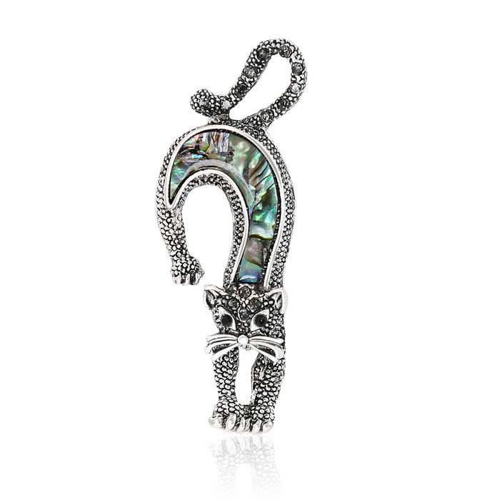 Antique Silver Long Tail Cat Brooch With Iridescent Shell Effect