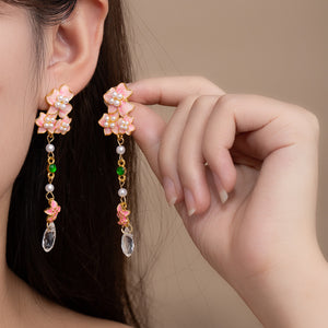 Gold-Tone Pink Enamel Flower Drop Earrings with Beads and Teardrop
