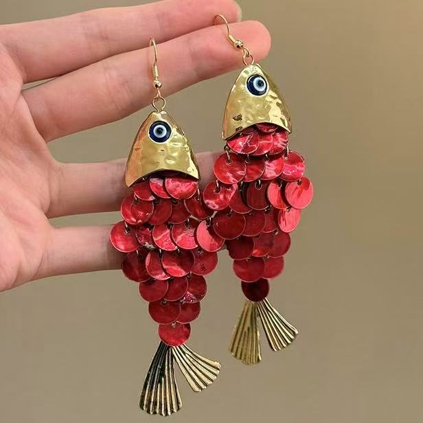 Sequin Fish Drop Earrings in Red White and Blue Colorways