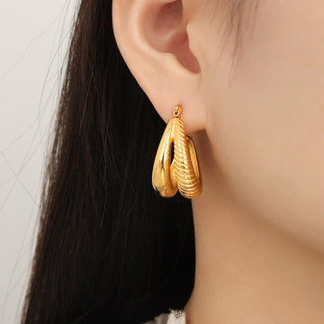 Gold Dual Layer C Hoop Earrings Twisted Smooth Metal Alloy