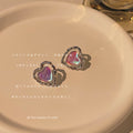 Silver Tone Iridescent Pink Heart Double Frame Stud Earrings view 2