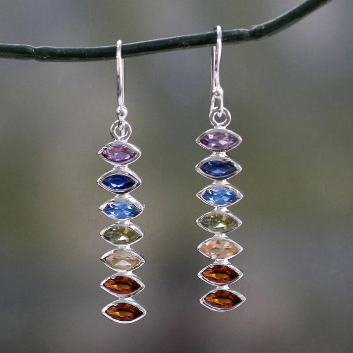 Silver Tone Rainbow Marquise Stone Linear Drop Earrings