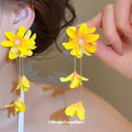 Yellow Layered Flower Dangle Earrings with Petal Tassels view 1
