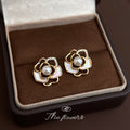 Gold Mother of Pearl Camellia Pearl Center Stud Earrings view 4