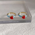 Gold Tone Aqua Ribbon Red Heart Huggie Hoop Earrings view 4