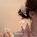 Pink Purple Sheer Flower Hair Clip With Pearl Sprigs And Butterfly Tassel view 4