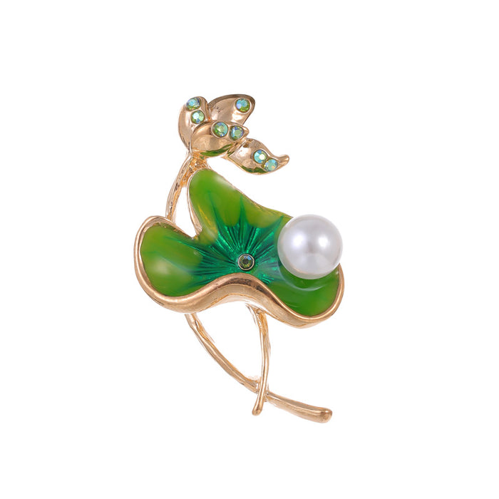 Green Lotus Leaf Crystal Enamel Metal Brooch Pin for Jackets and Lapels