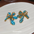 Blue Enamel Petal and Gold Bow Statement Stud Earrings view 4