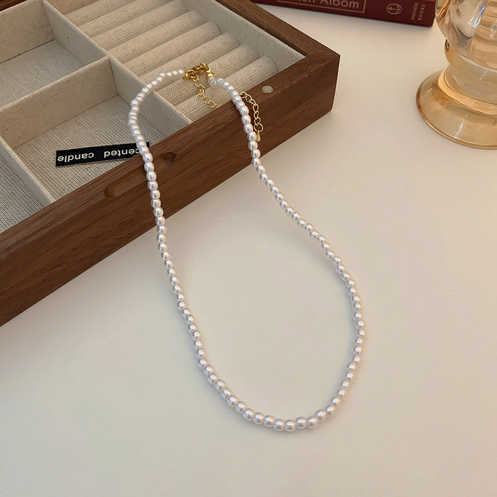 White Faux Pearl Strand Gold Clasp Choker Necklace Piece