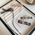 Pink Or Black Lace Heart Pearl Like Bow Hair Clip With Long Ribbons view 4