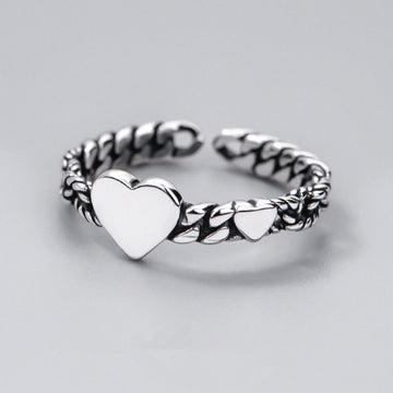 Antique Silver Open Adjustable Heart Chain Band Ring