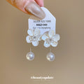 White Flower Stud Earrings With Pearl Drops Jewelry Pair view 2