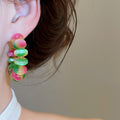 Pink and Green Beaded Hoop Earrings with Gold Tone Wire view 3