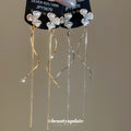 Three Petal Flower Linear Tassel Clip On Earrings With Polished Metal Details view 4