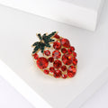 Gold Tone Red Crystal Strawberry Brooch With Green Leaf Top view 3