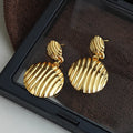 Ridged Double Round Disc Drop Earrings in Gold Tone view 2