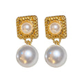 Gold Tone Square Pearl Drop Stud Earrings With Decorative Metal Accents view 5