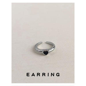 Silver Open Adjustable Ring with Black Heart Stone