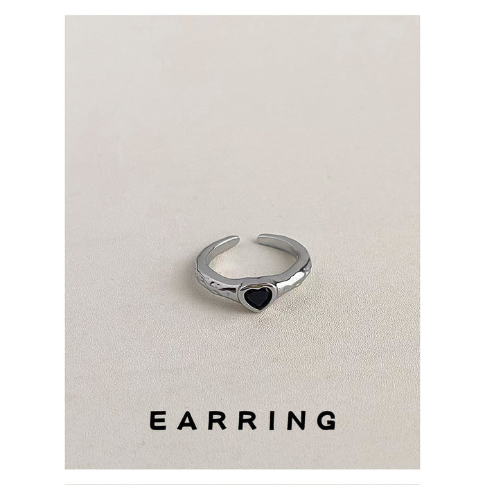 Silver Open Adjustable Ring with Black Heart Stone