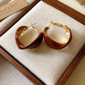Gold Tone Twisted Resin Hoop Earrings in Brown and Burgundy view 6