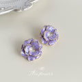 Gold Tone Purple Layered Camellia Flower Stud Earrings For Women view 4